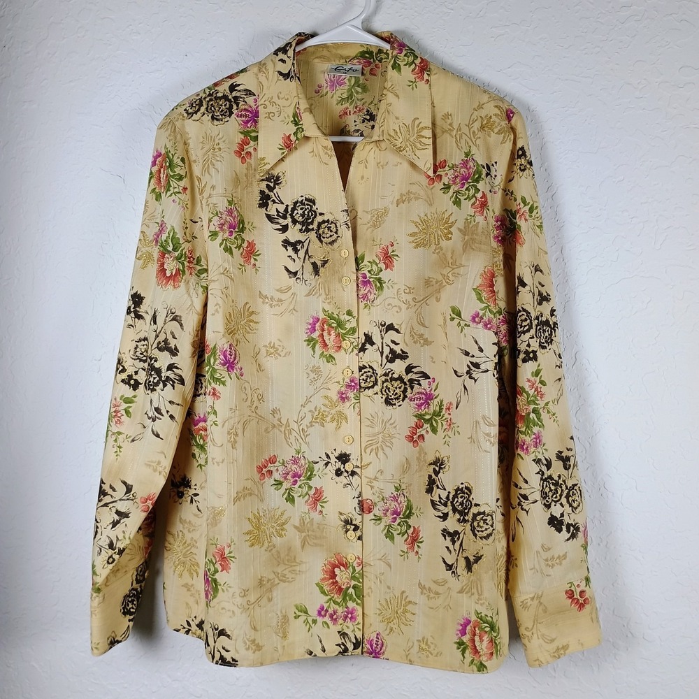 Vintage Erfo Floral Button Front Blouse Gold Stripe EU 46 US L Cotton Blend